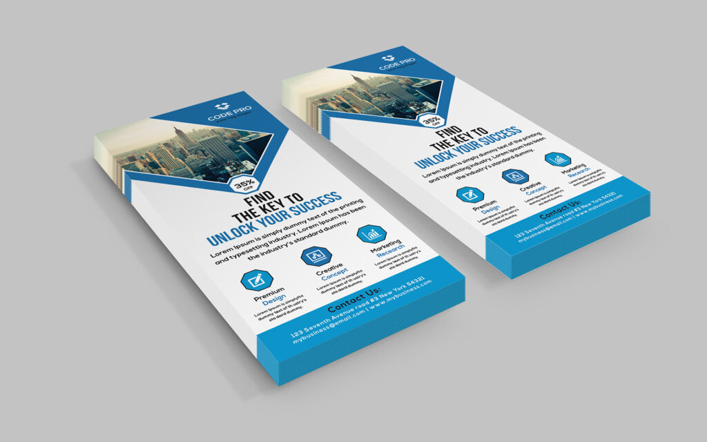 Two blue flyers with cityscape image, Code Pro logo, and Find the key to unlock your success.